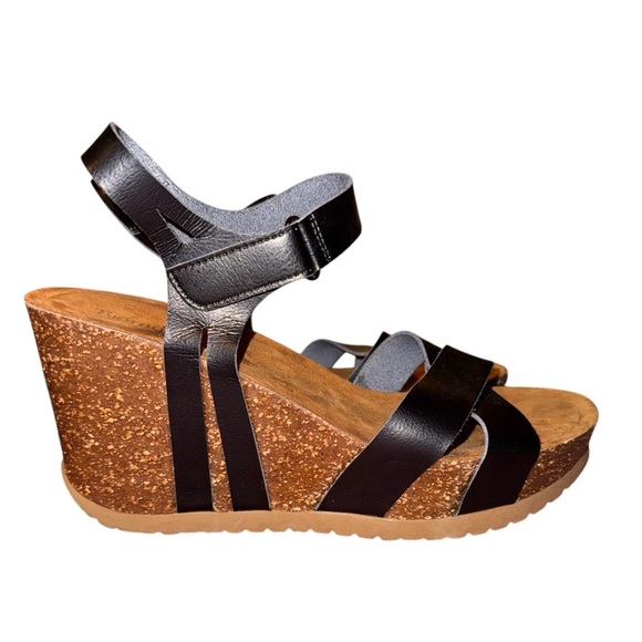 BJORNDAL Kori Black Crisscross Cork Sole Strappy Wedge Sandals Size 10 - Picture 6 of 13